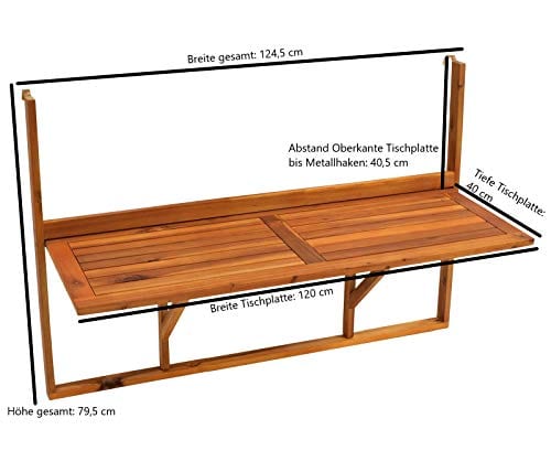 Balkonhängetisch 120x40cm Akazienholz geölt FSC®-zertifiziert Gartentisch Holz 