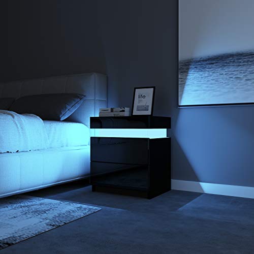 Nachtschrank Kommode Nachttisch Schublade Schlafzimmer Schwarz Hochglanz RGB LED 