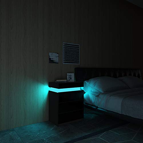 Nachttisch Beistelltisch Kommode mit 3 Schubladen RGB LED Hochglanz Nachtschrank 